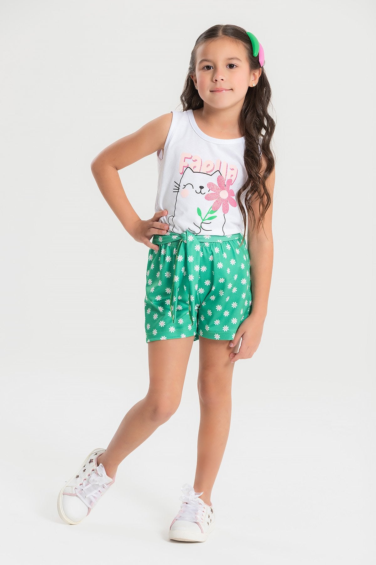 Conjunto Infantil Verão Feminino Regata Gatinha faella - Branco