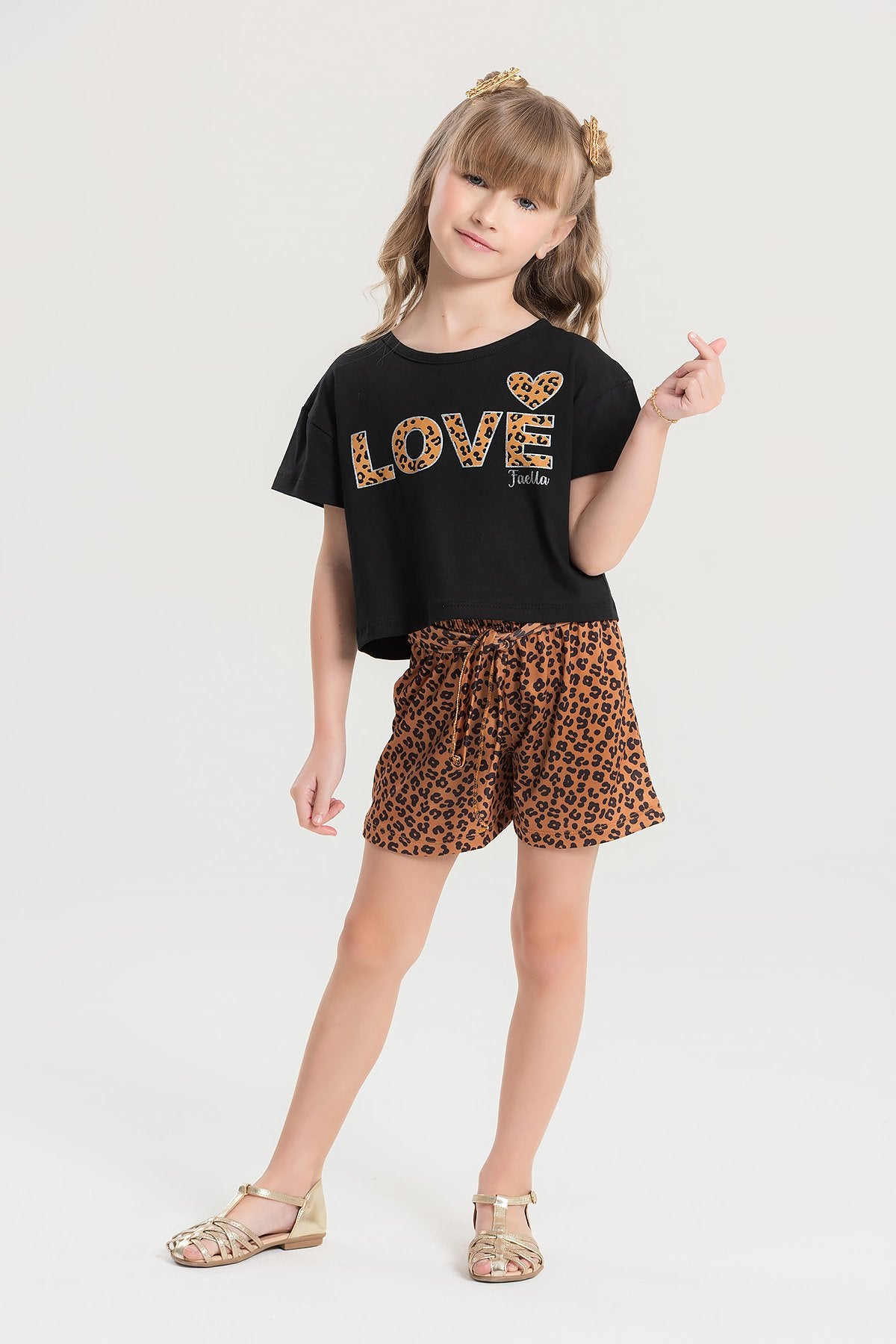 Conjunto Cropped Infantil Verão Feminino Love Oncinha - Preto