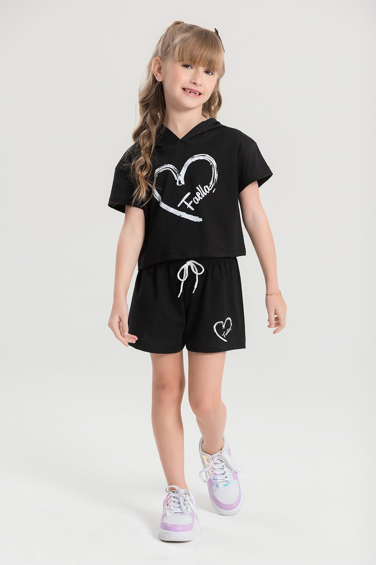 Conjunto Cropped Infantil Verão Feminino Coração Faella - Preto