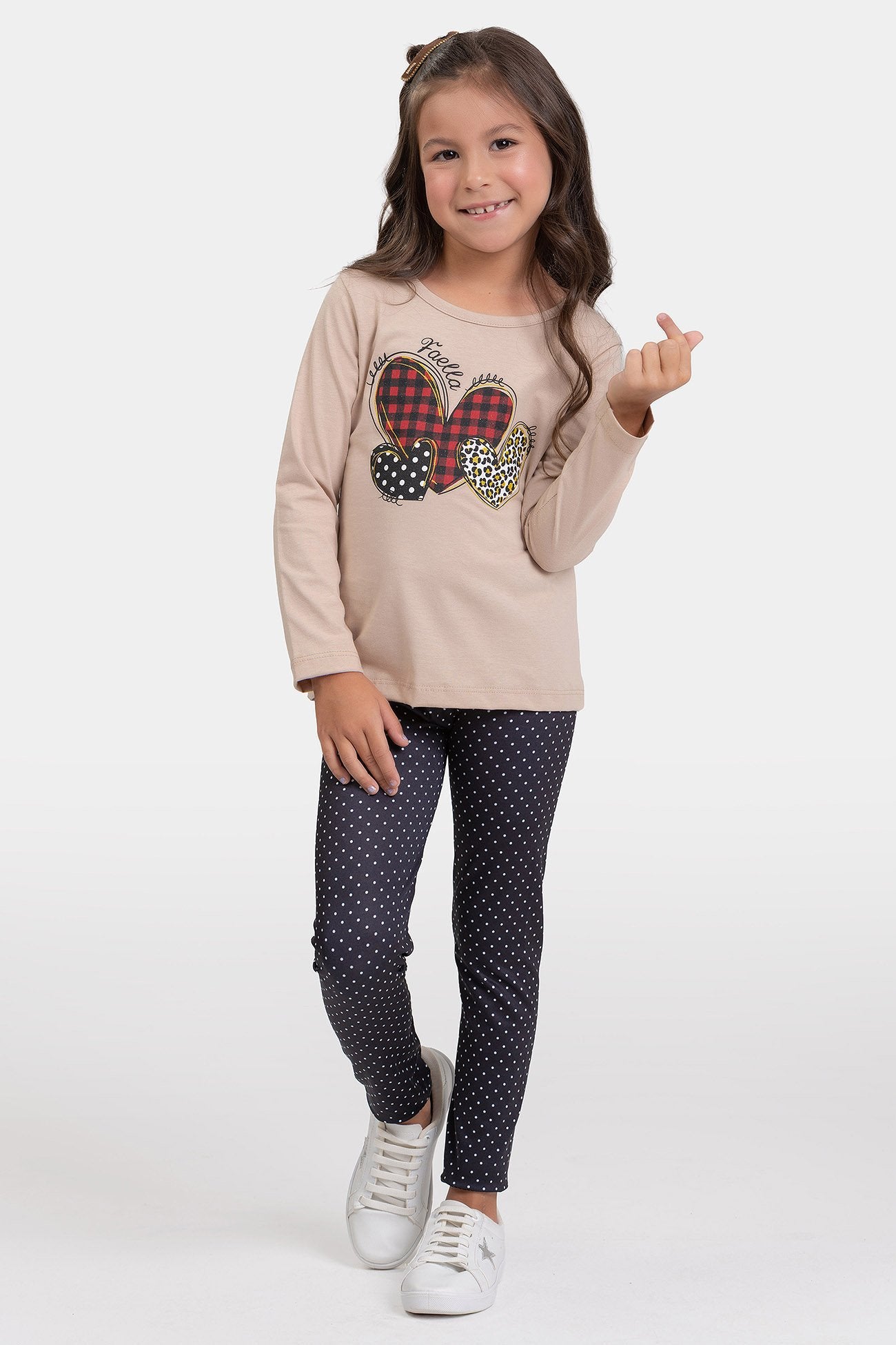 Conjunto Infantil Meia Estação Feminino Corações - Bege