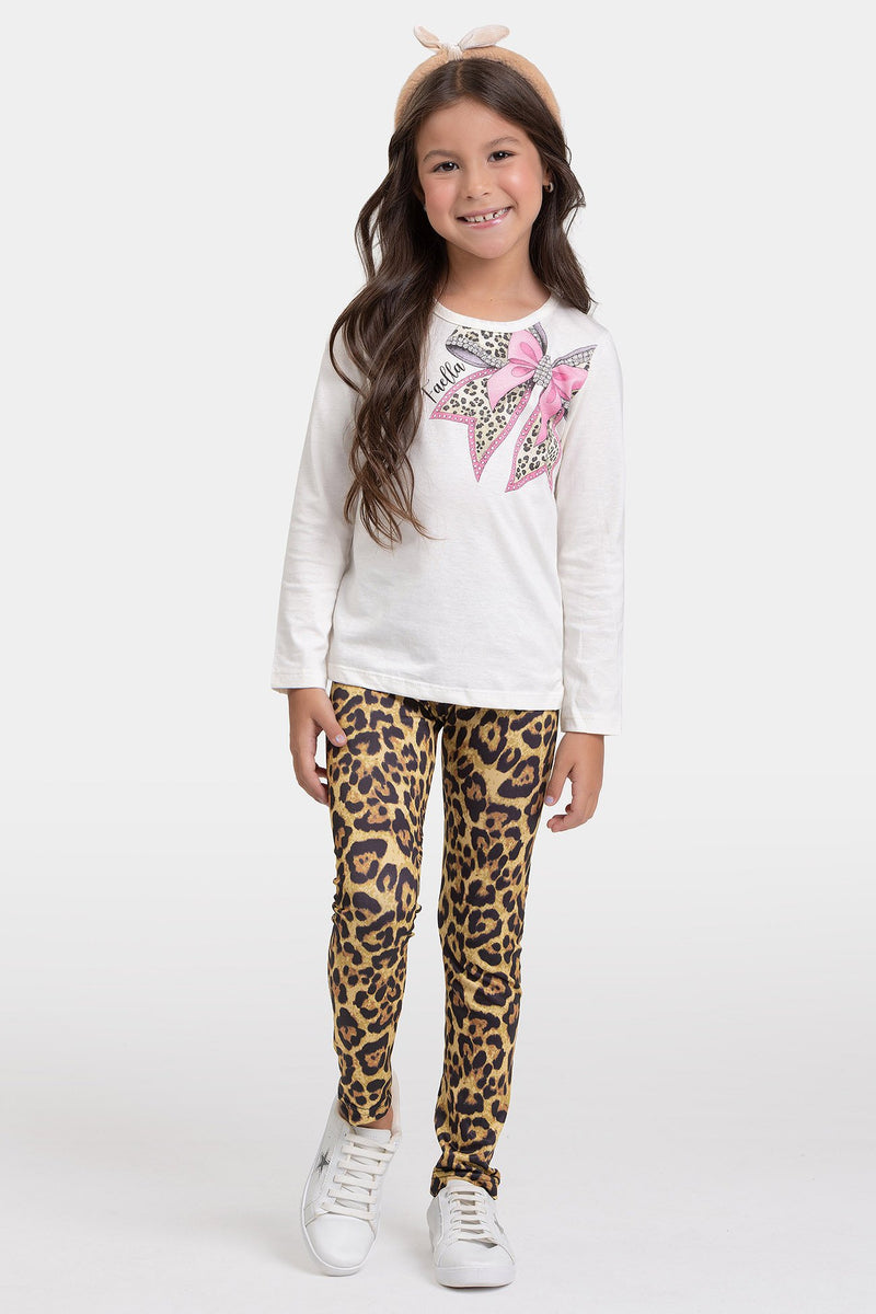 Conjunto Infantil Meia Estação Feminino Laço Oncinha - Off White