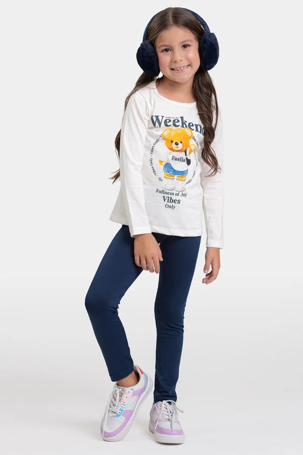 Conjunto Infantil Meia Estação Feminino Ursinho - Off-white