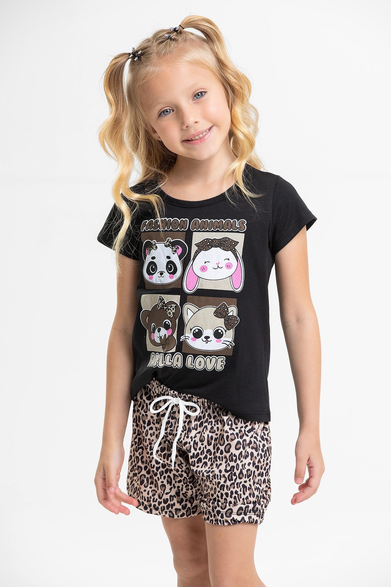 Conjunto Infantil Verão Feminino Fashion Animals - Preto