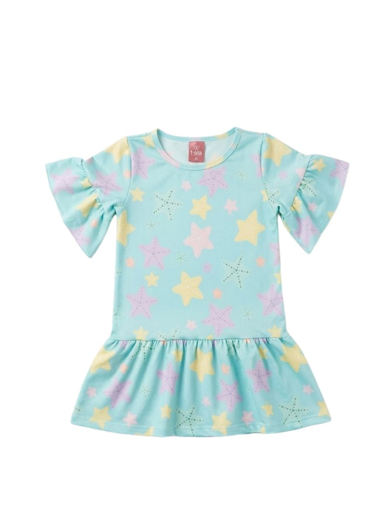 Vestido Infantil Menina Com Babado e Estrelas Azul