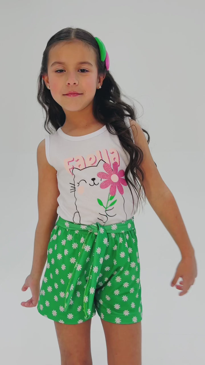 Conjunto Infantil Verão Feminino Regata Gatinha faella - Branco