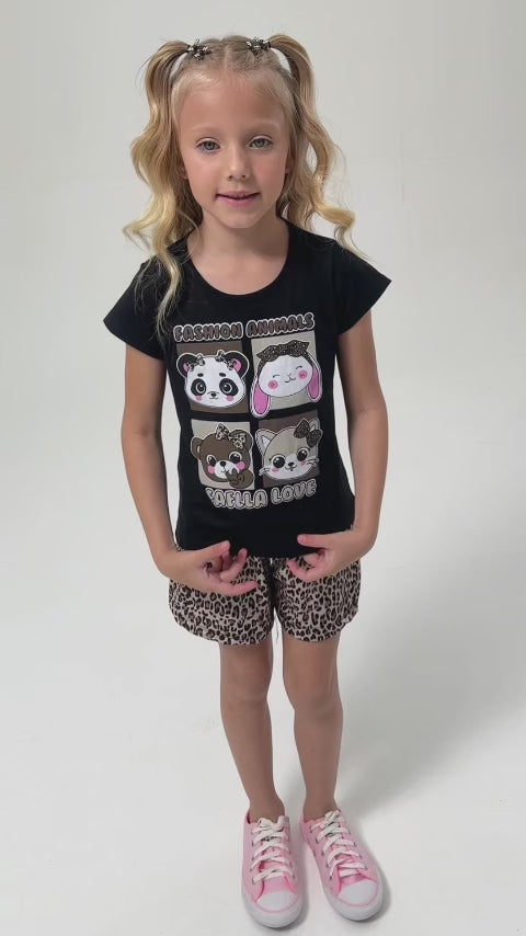 Conjunto Infantil Verão Feminino Fashion Animals - Preto