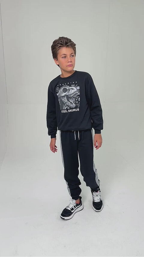 Conjunto Moletom Peluciado Infantil Masculino Steel Saurus - Preto