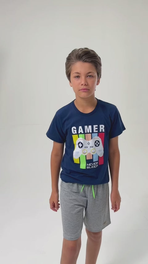 Conjunto Infantil Verão Masculino Gamer Never Sleep - Marinho