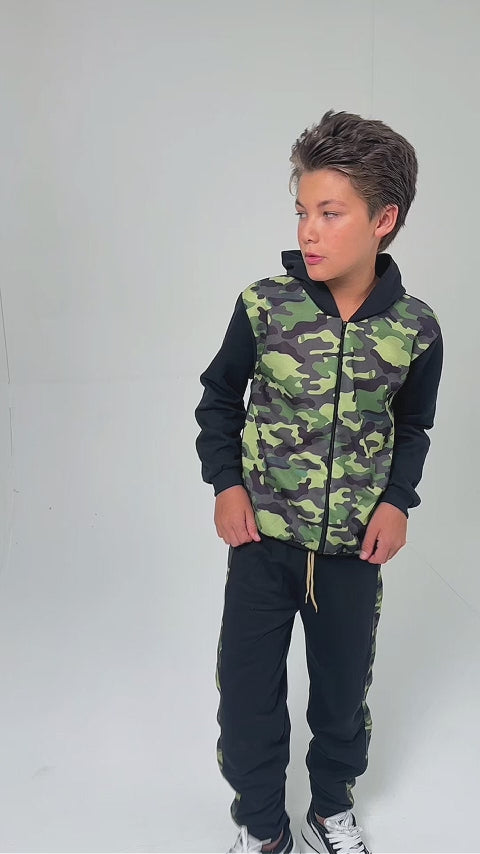 Conjunto Moletom Peluciado Infantil Masculino Camuflado - Preto