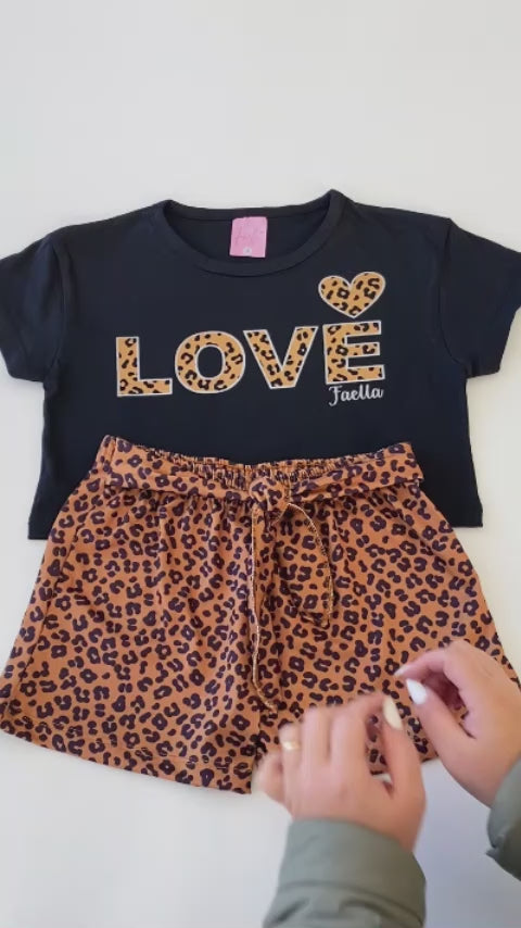 Conjunto Cropped Infantil Verão Feminino Love Oncinha - Preto