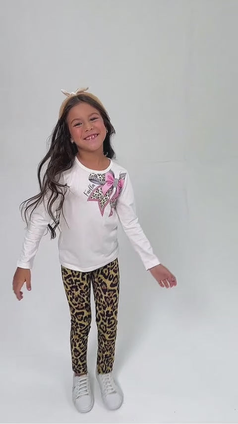 Conjunto Infantil Meia Estação Feminino Laço Oncinha - Off White