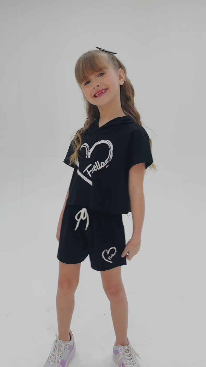 Conjunto Cropped Infantil Verão Feminino Coração Faella - Preto