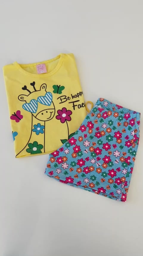 Conjunto Cropped Infantil Verão Feminino Girafa de Oculos - Amarelo