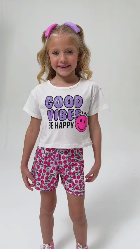 Conjunto Cropped Infantil Verão Feminino Good Vibes - Off White
