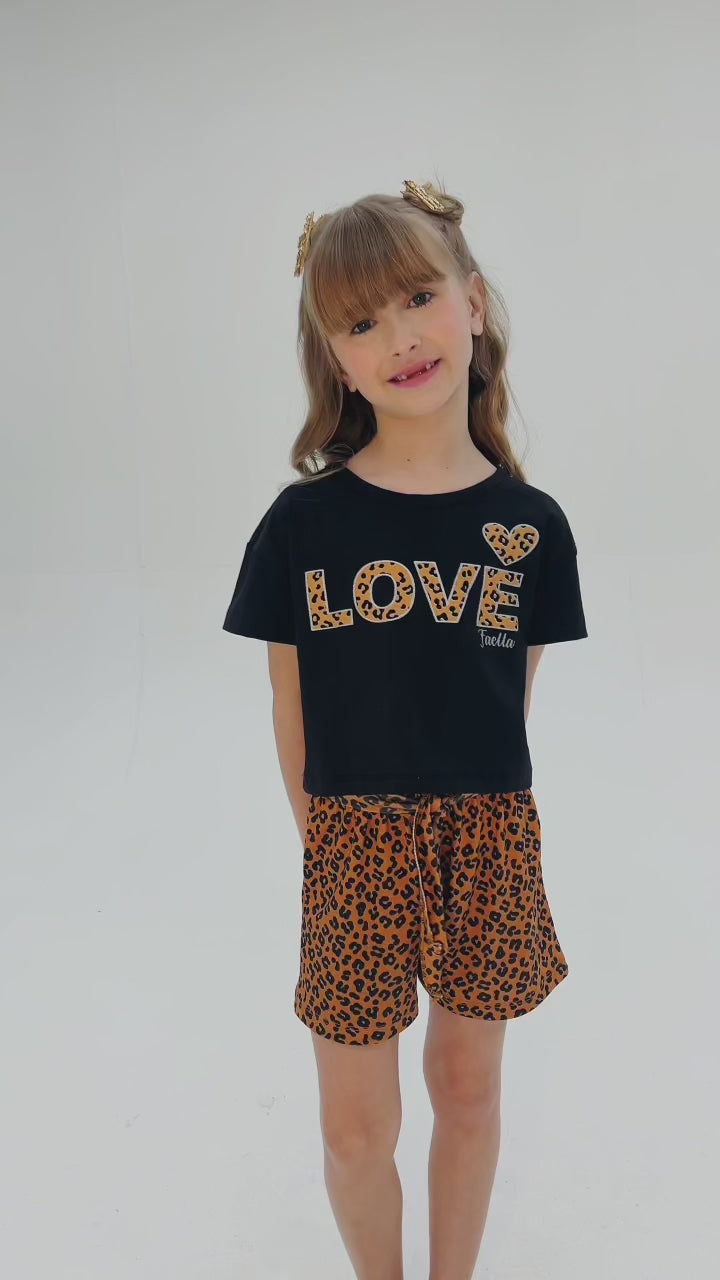 Conjunto Cropped Infantil Verão Feminino Love Oncinha - Preto