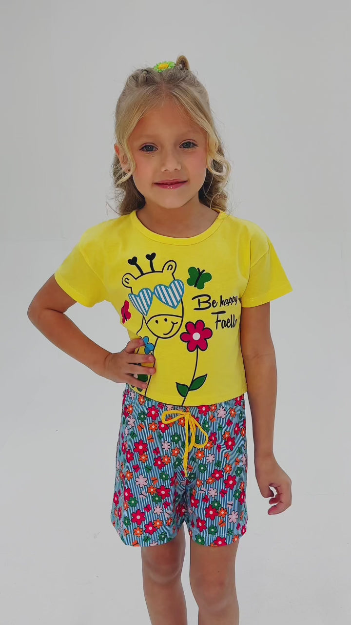 Conjunto Cropped Infantil Verão Feminino Girafa de Oculos - Amarelo