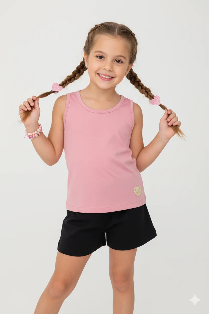 Conjunto Infantil Menina Regata com Detalhe nas Costas Verão Iaia Rosa Envelhecido