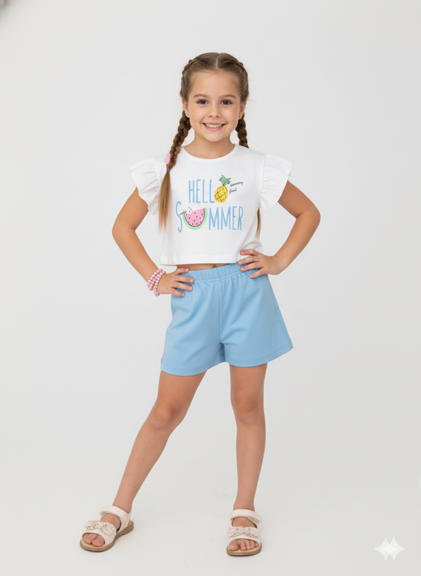Conjunto Infantil Menina Cropped Verão Com Babado na Manga Iaia 100% Algodão – Camiseta e Shorts Branco