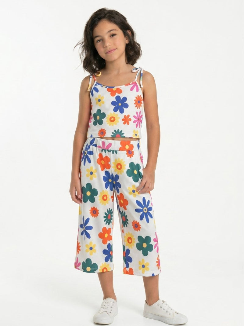 Conjunto Infantil Menina Pantacourt Flores Branco