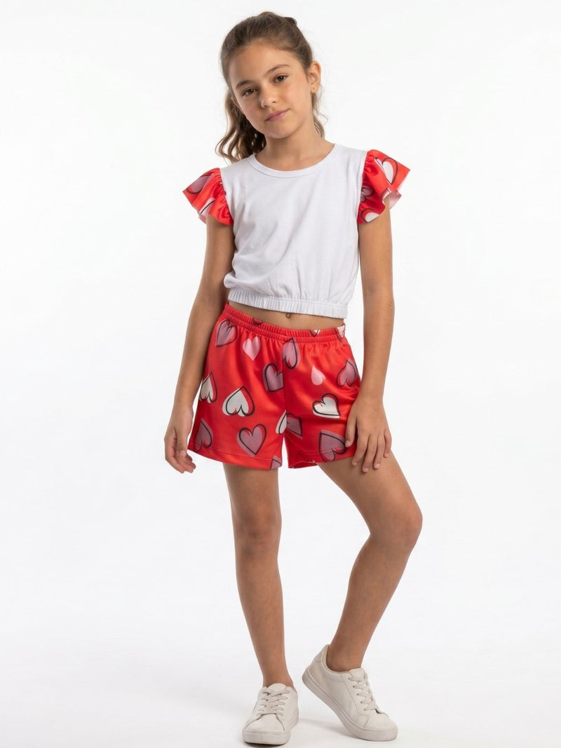 Conjunto Infantil Cropped Menina Corações Verão Branco