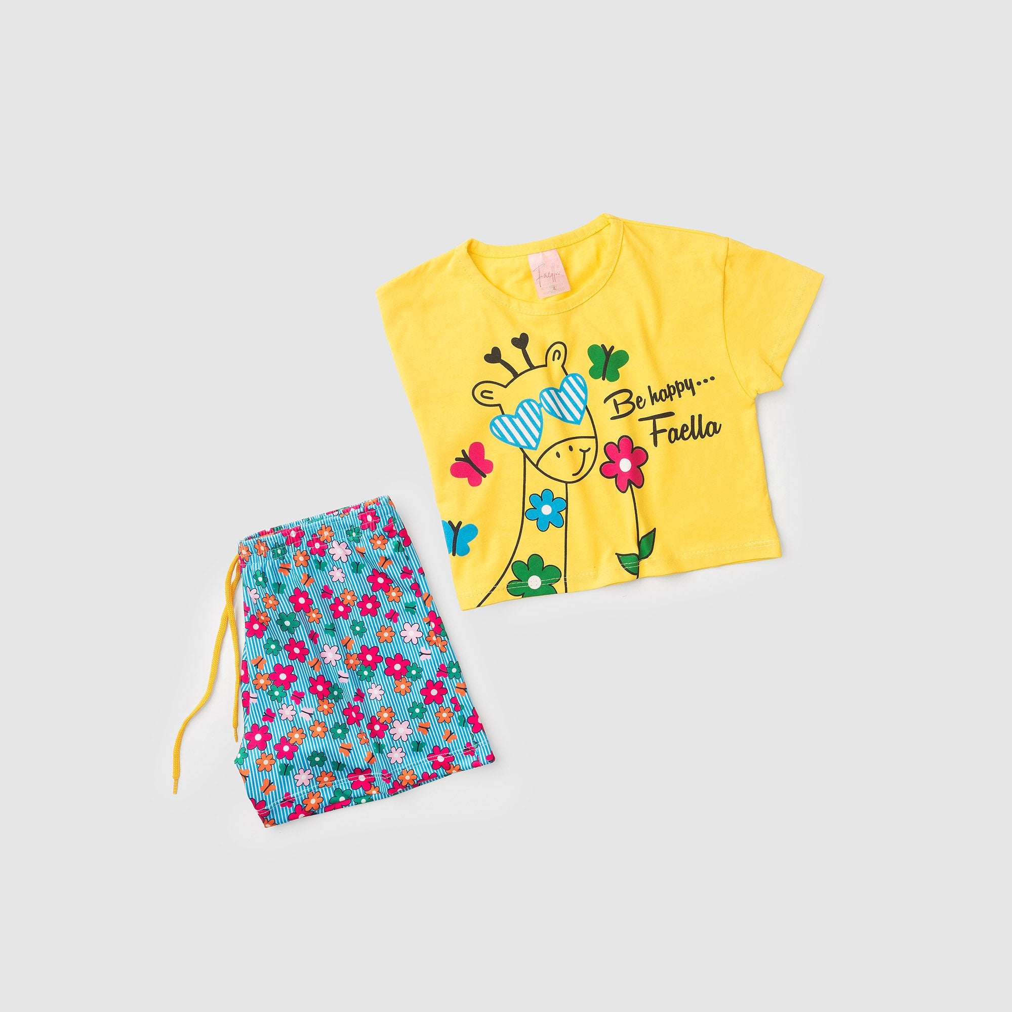 Conjunto Cropped Infantil Verão Feminino Girafa de Oculos - Amarelo