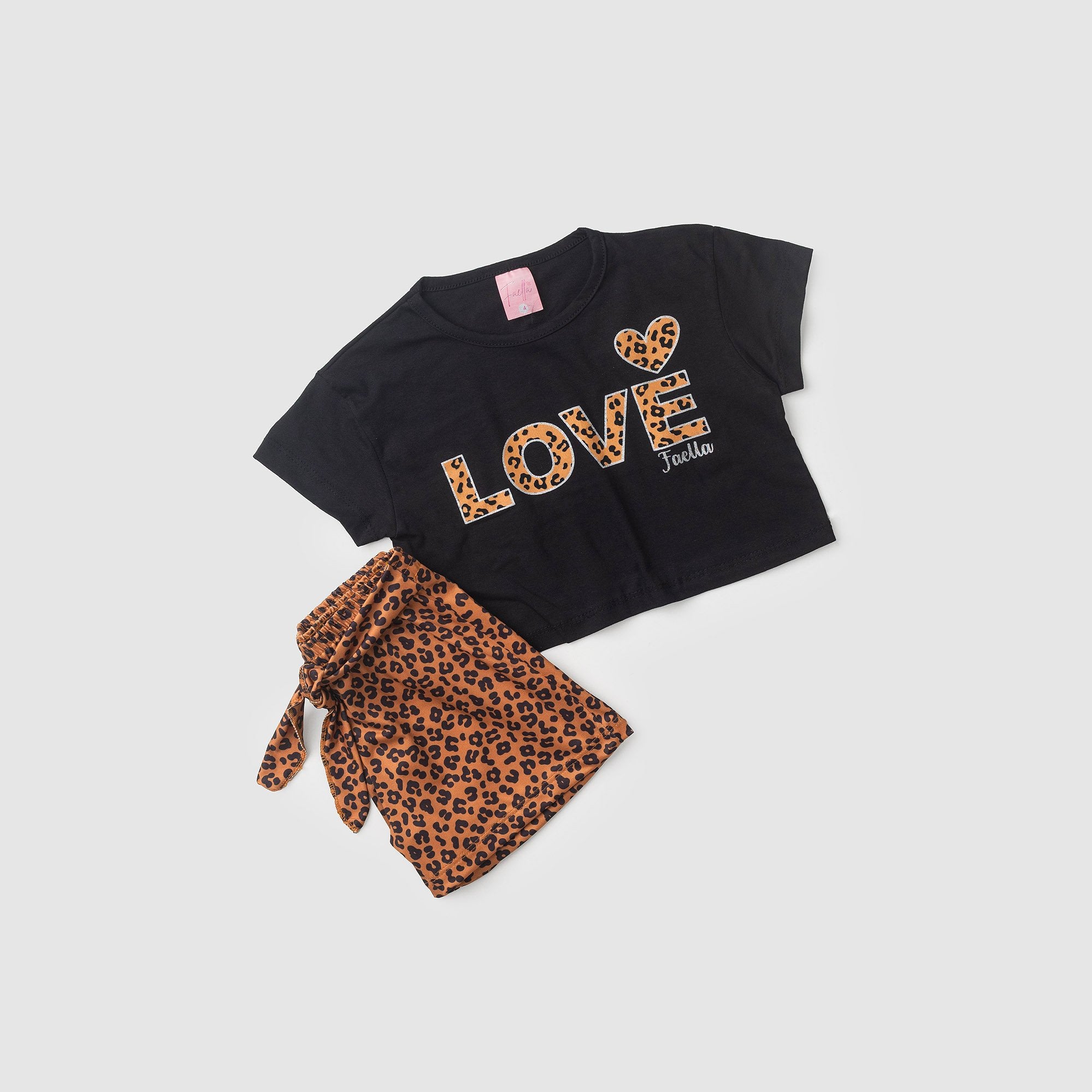 Conjunto Cropped Infantil Verão Feminino Love Oncinha - Preto