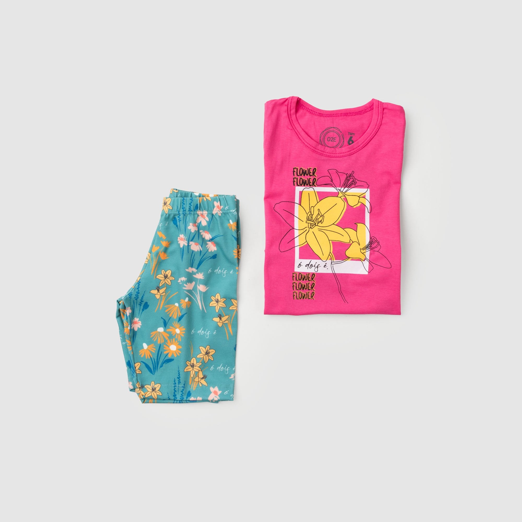 Conjunto Infantil Menina Flower Verão Rosa Chiclete
