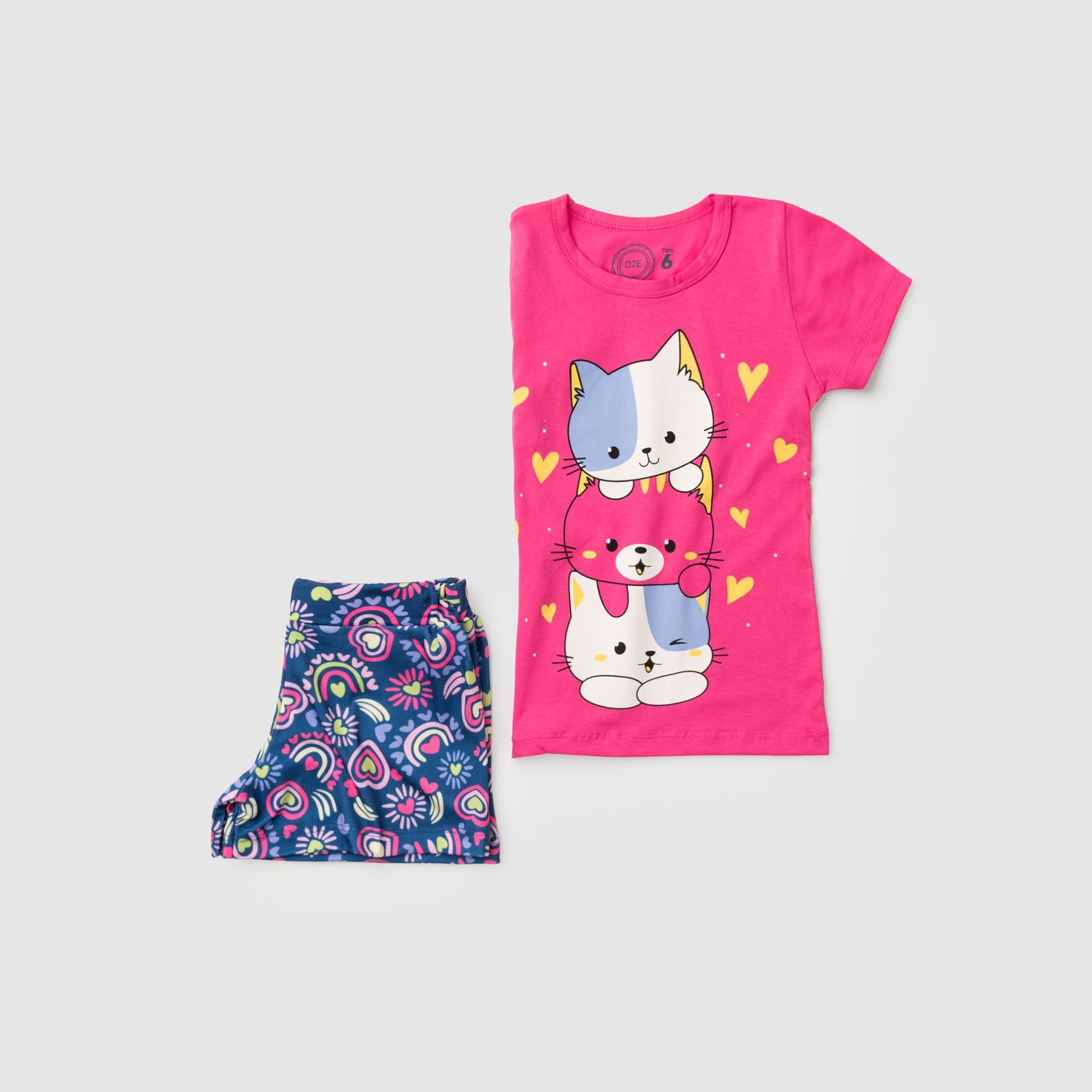 Conjunto Infantil Menina Gatinho Verão Rosa Chiclete