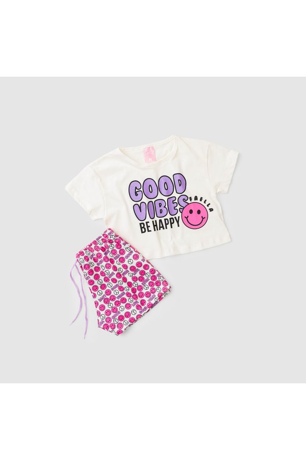 Conjunto Cropped Infantil Verão Feminino Good Vibes - Off White