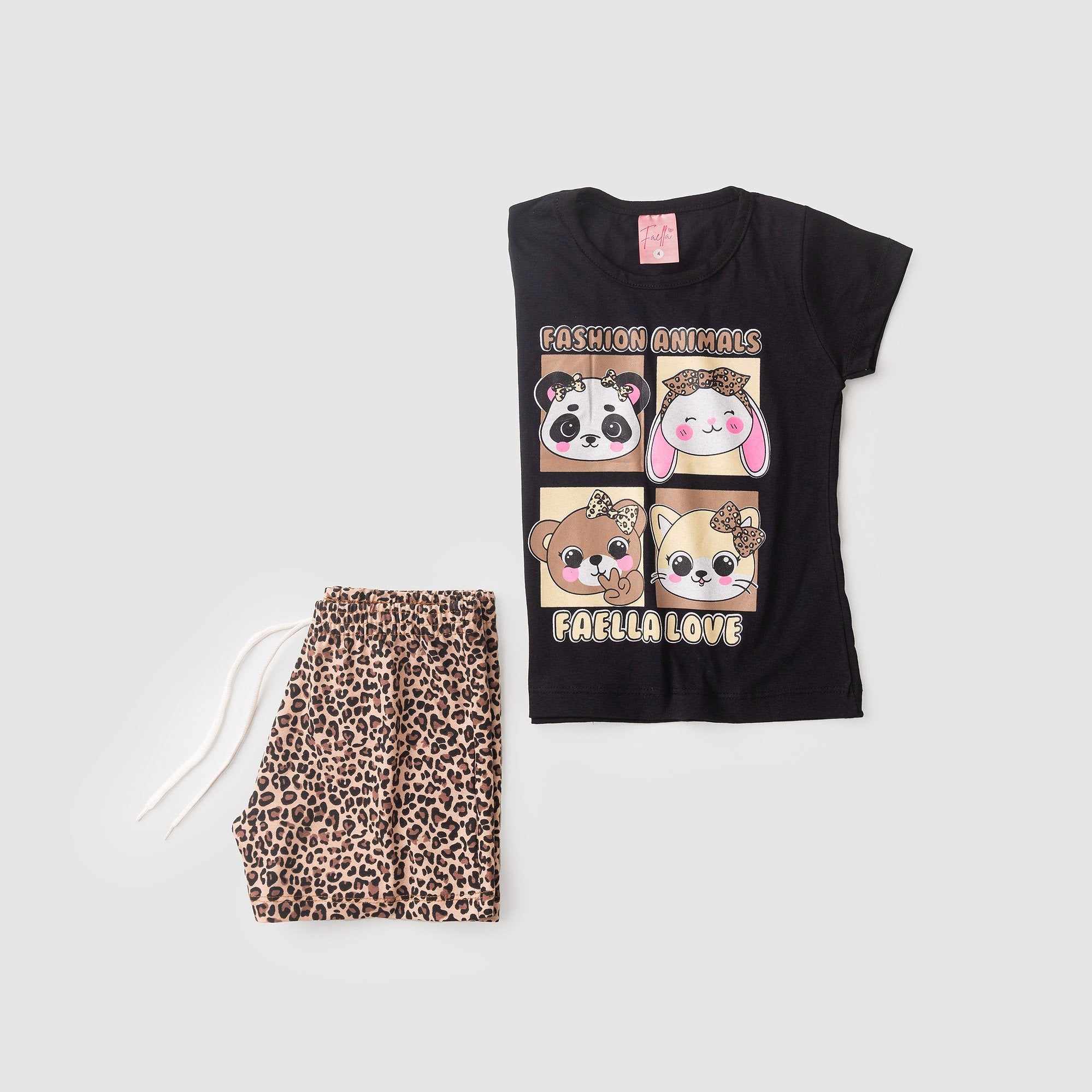 Conjunto Infantil Verão Feminino Fashion Animals - Preto